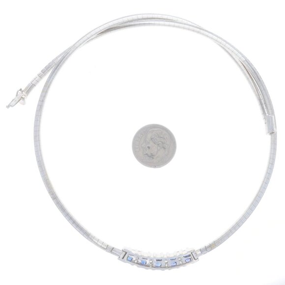 White Gold Sapphire Diamond Curved Station Necklace - 14k Princess 1.58ctw - Picture 5 of 6